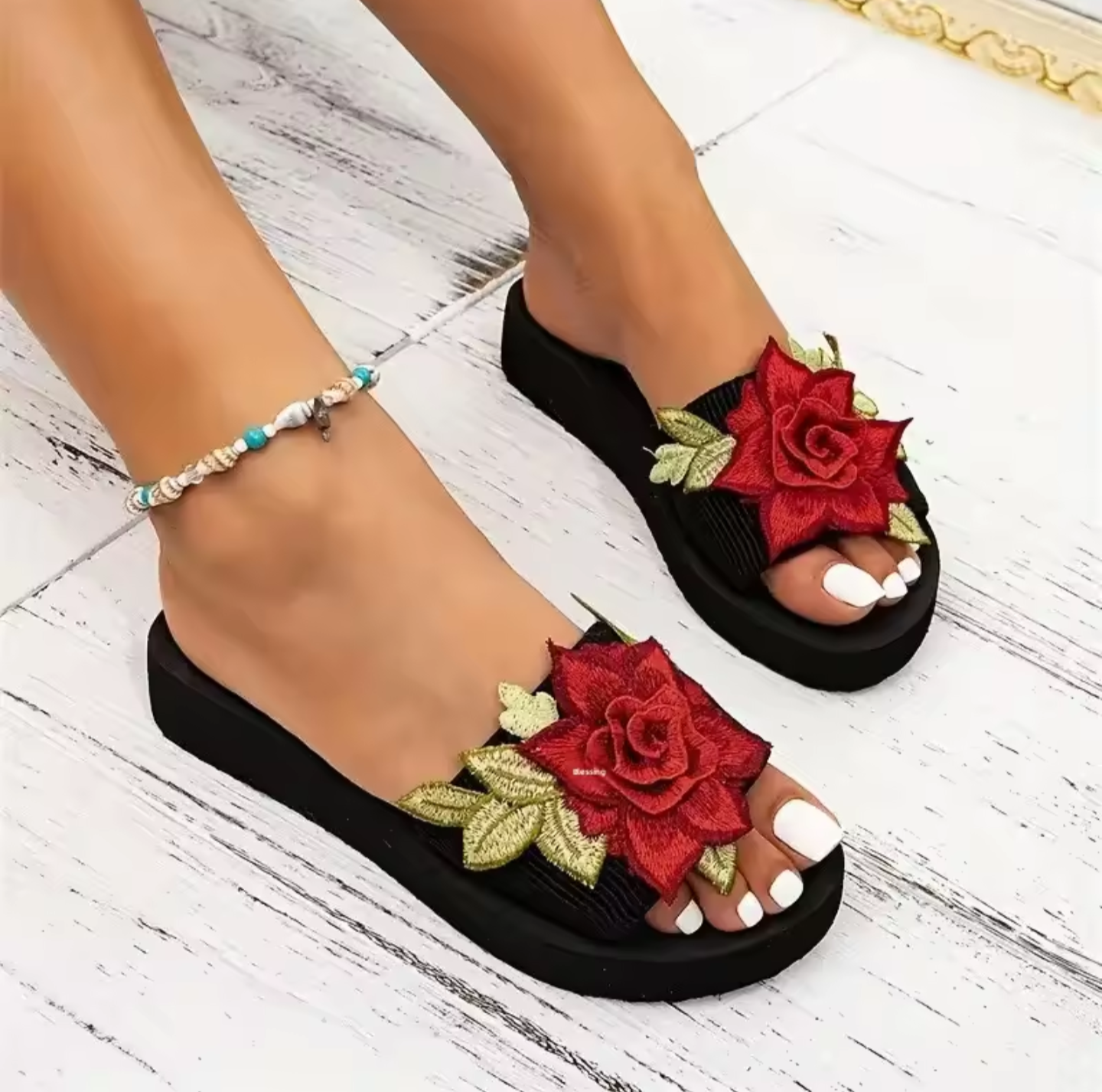Romantic Rose Detail Flat Slides