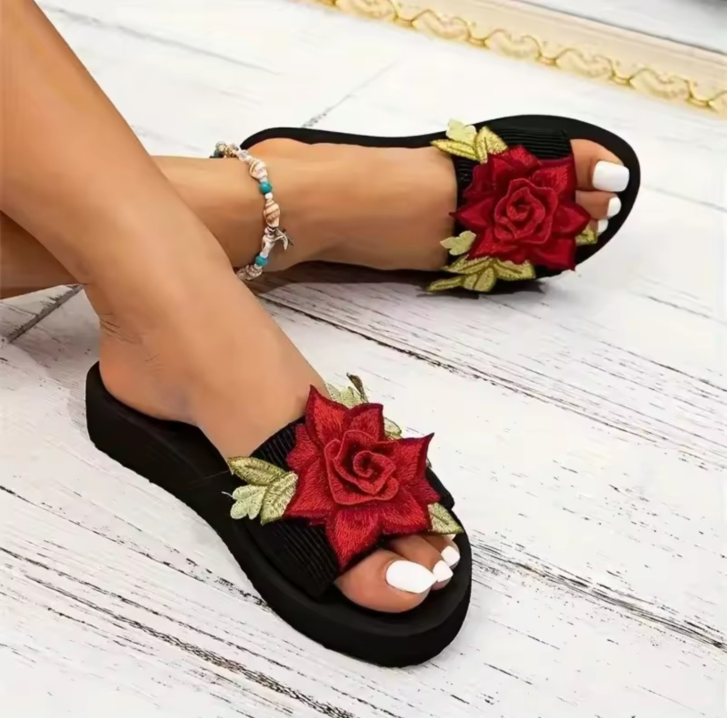 Romantic Rose Detail Flat Slides