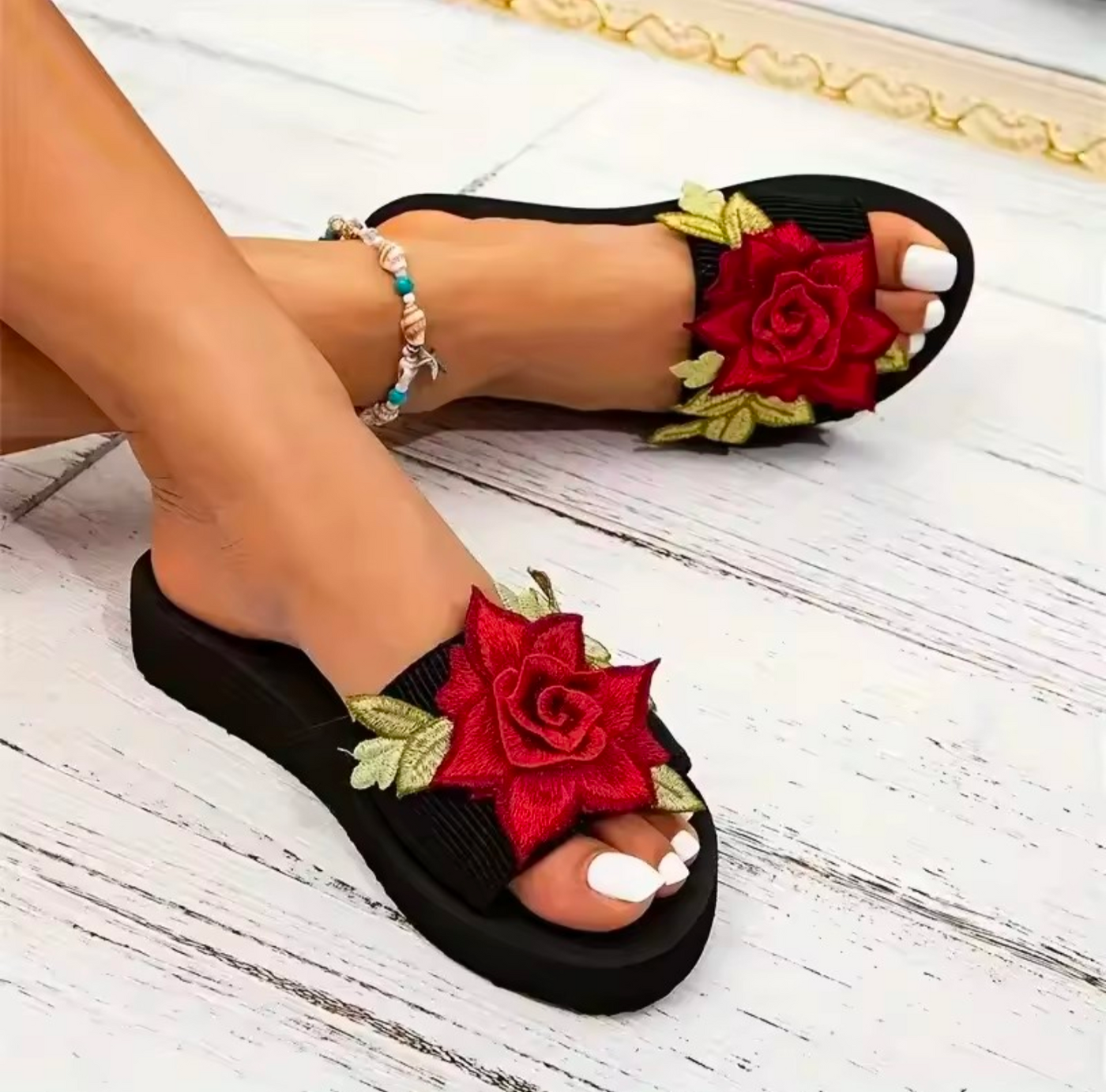 Romantic Rose Detail Flat Slides - Truly Yours