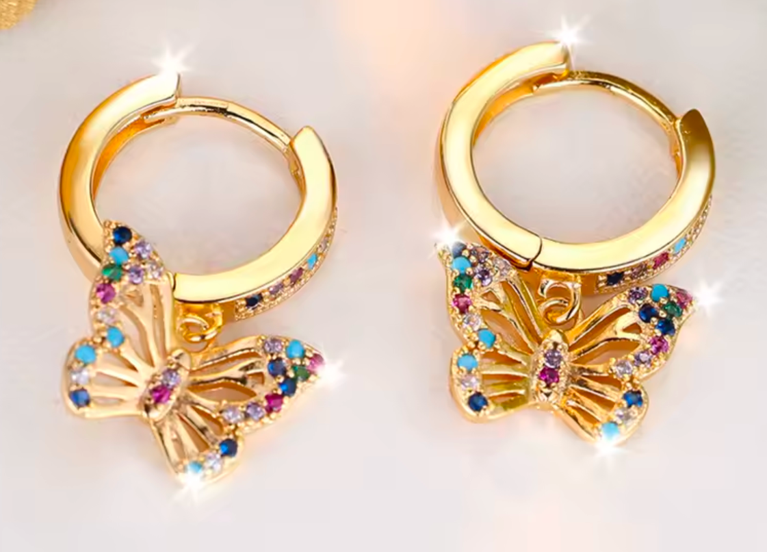 Multicolour Butterfly Drop Hoop Earrings
