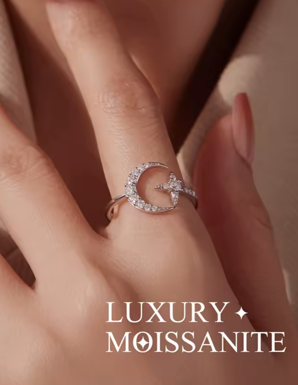 Celestial Moon & Star Moissanite Ring – 925 Sterling Silver - Truly Yours