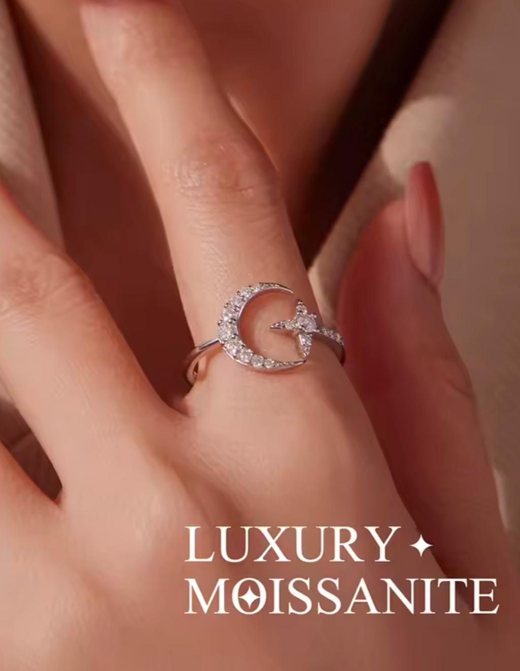 Celestial Moon & Star Moissanite Ring – 925 Sterling Silver - Truly Yours