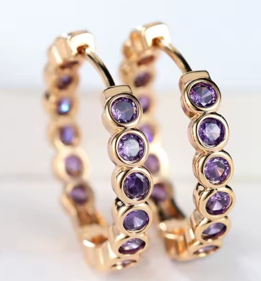 Gold-Tone Amethyst Halo Hoop Earrings