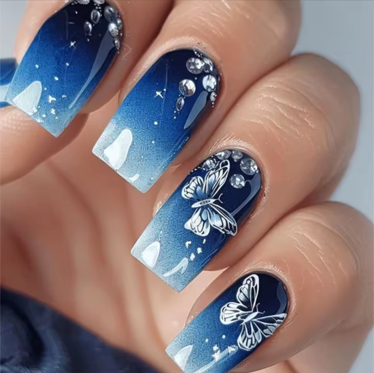 Midnight Blue Ombre Butterfly Press-On Nails – Elegant Gradient Design with 3D Rhinestones, Ballerina Shape, 24 Pcs Set