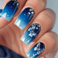 Midnight Blue Ombre Butterfly Press-On Nails – Elegant Gradient Design with 3D Rhinestones, Ballerina Shape, 24 Pcs Set - Truly Yours