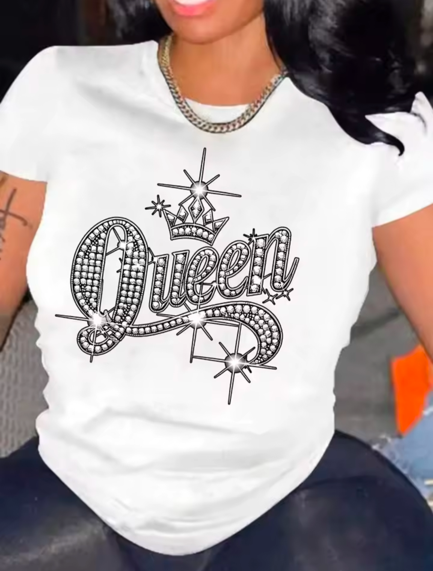 Queen Graphic T-Shirt – Rhinestone Crown Slogan Tee