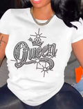 Queen Graphic T-Shirt – Rhinestone Crown Slogan Tee - Truly Yours