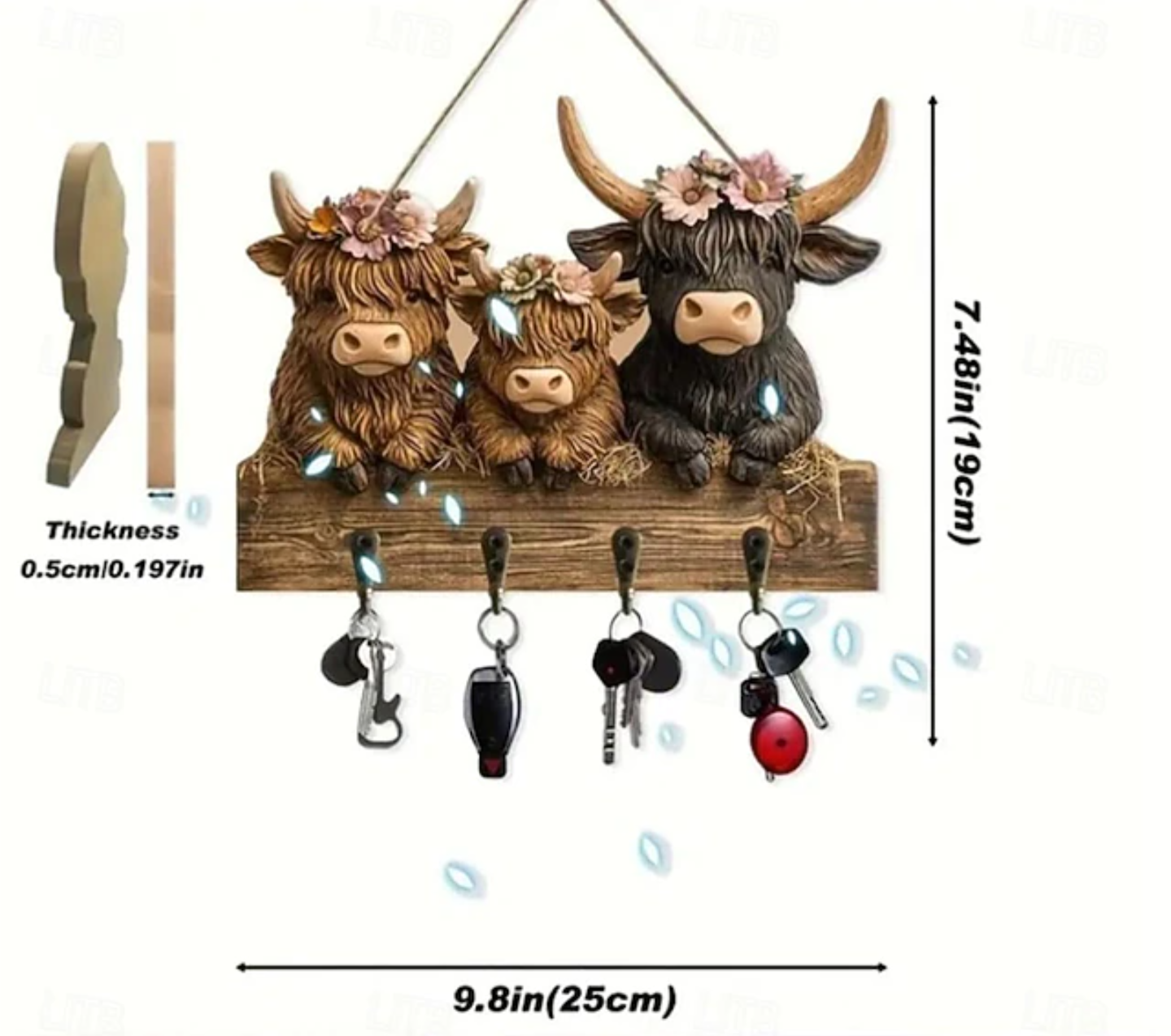 Rustic Highland Cow Wooden Family Key Holder Hanging Ornament with 4 Hooks, Wall Mount Bullhead Animal Key Hooks Coat Hanger Decorative Rack Three Adorable Cows Alloy Calf for Entryway Hallway - Truly Yours