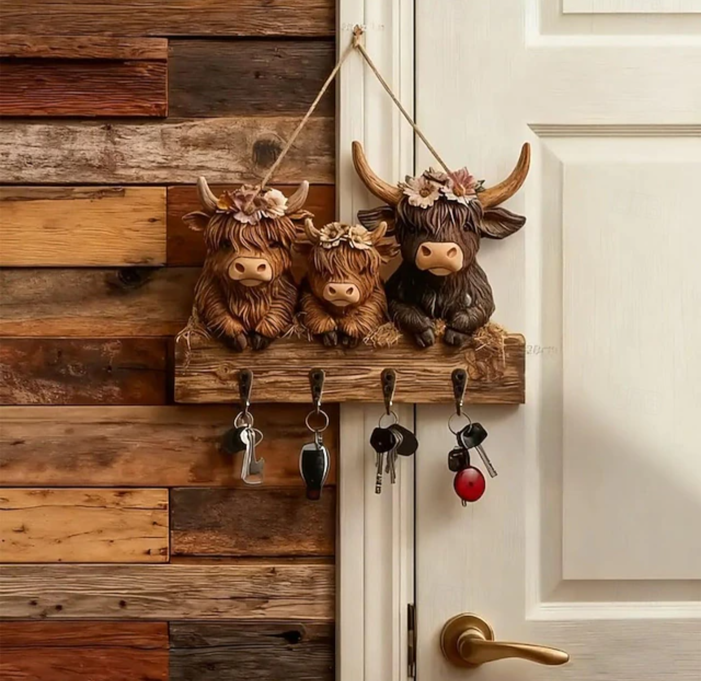 Rustic Highland Cow Wooden Family Key Holder Hanging Ornament with 4 Hooks, Wall Mount Bullhead Animal Key Hooks Coat Hanger Decorative Rack Three Adorable Cows Alloy Calf for Entryway Hallway
