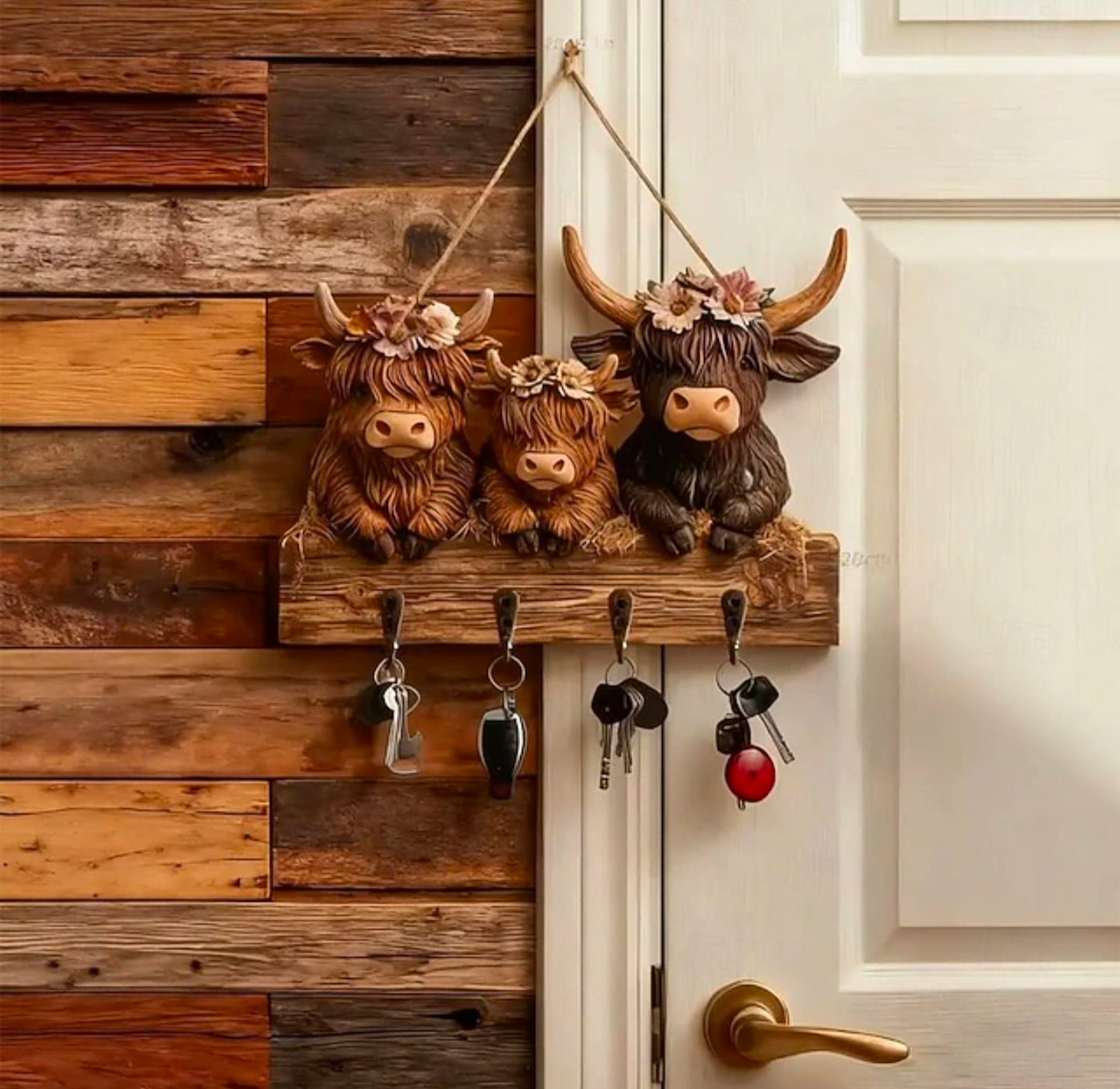 Rustic Highland Cow Wooden Family Key Holder Hanging Ornament with 4 Hooks, Wall Mount Bullhead Animal Key Hooks Coat Hanger Decorative Rack Three Adorable Cows Alloy Calf for Entryway Hallway - Truly Yours