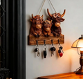 Rustic Highland Cow Wooden Family Key Holder Hanging Ornament with 4 Hooks, Wall Mount Bullhead Animal Key Hooks Coat Hanger Decorative Rack Three Adorable Cows Alloy Calf for Entryway Hallway - Truly Yours