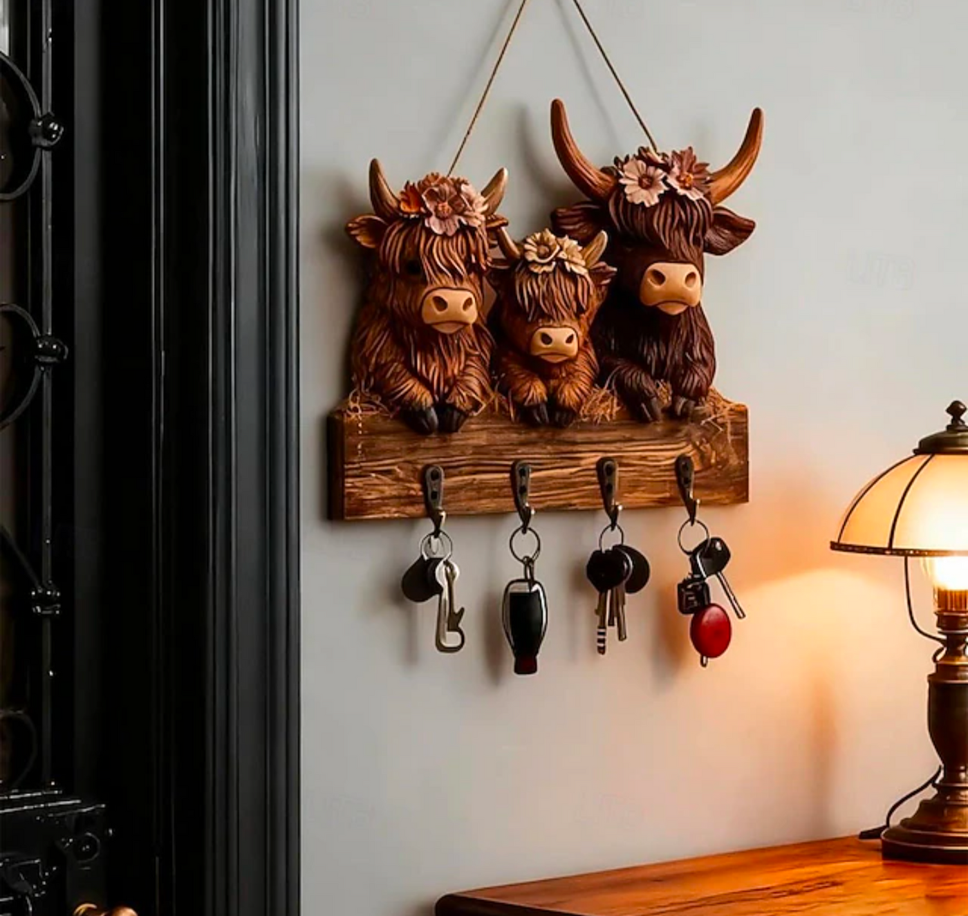 Rustic Highland Cow Wooden Family Key Holder Hanging Ornament with 4 Hooks, Wall Mount Bullhead Animal Key Hooks Coat Hanger Decorative Rack Three Adorable Cows Alloy Calf for Entryway Hallway - Truly Yours