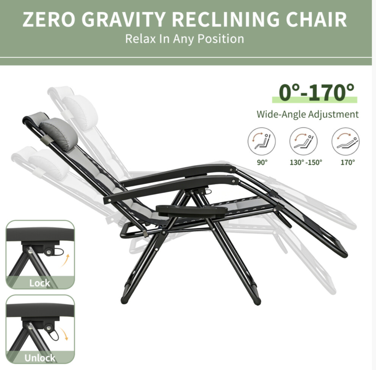 Set of 2 Zero Gravity Heavy Duty Outdoor Garden Reclining Chairs with Padded Seat Black/Grey - Truly Yours