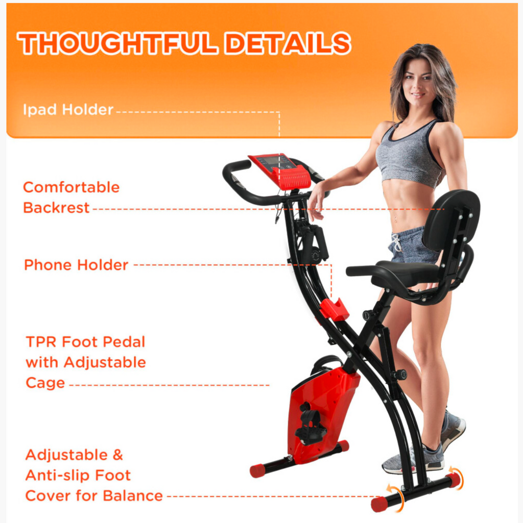 2-In-1 Folding Exercise Bike with 8-Level Magnetic Resistance Red - Truly Yours