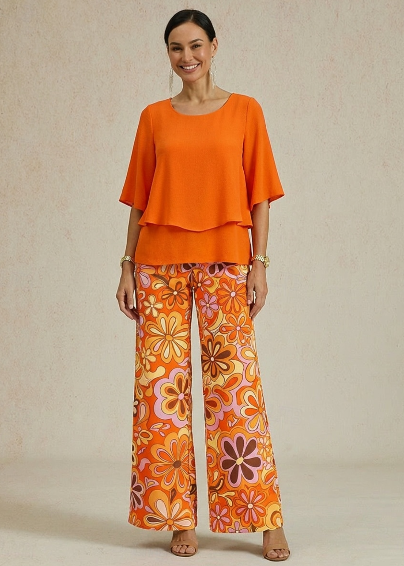 Sunset Bloom Chiffon Floral Wide-Leg Co-Ord Set