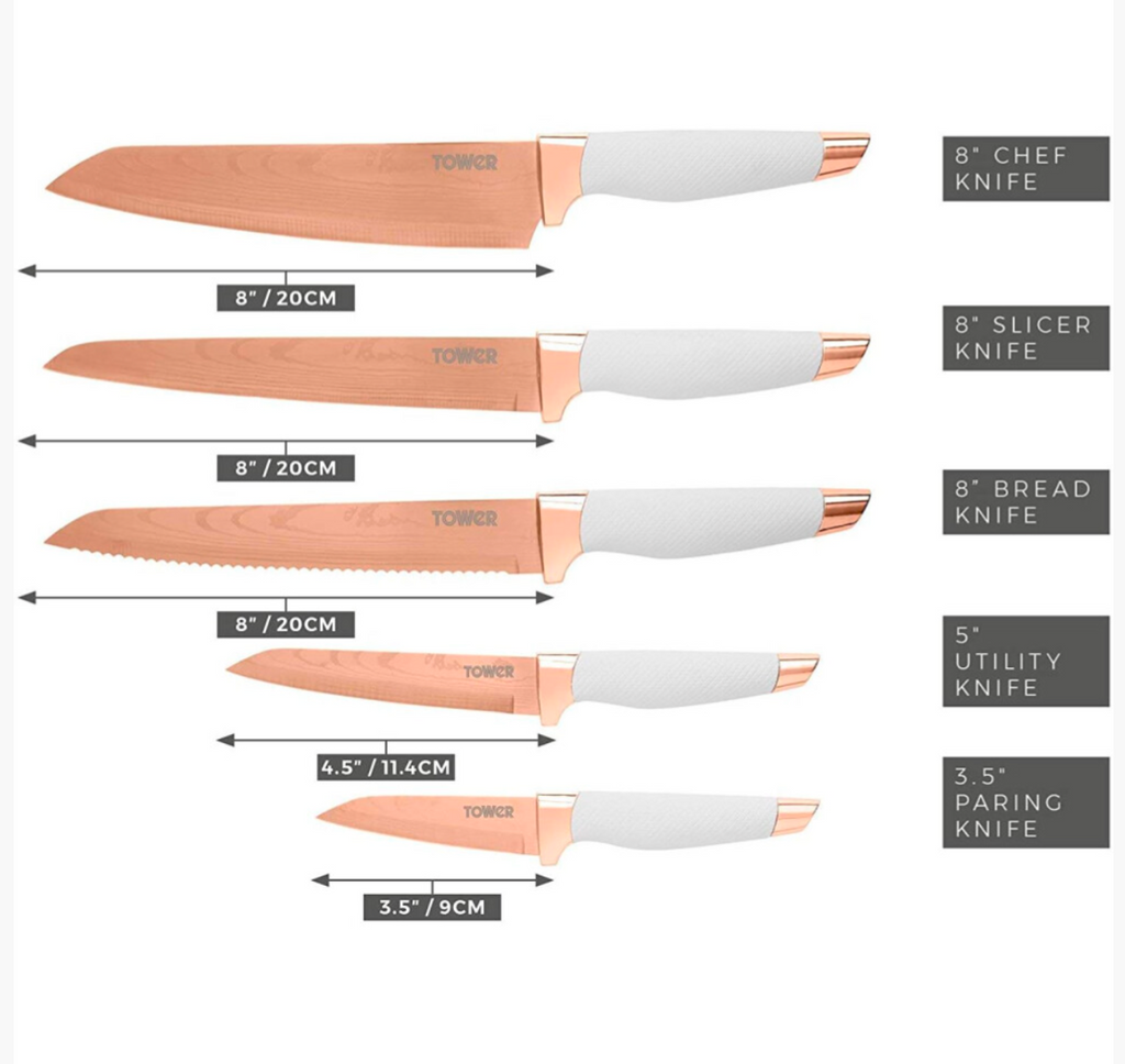 5pc Tower Kitchen Knife Set With Knife Block Rose Gold - Truly Yours