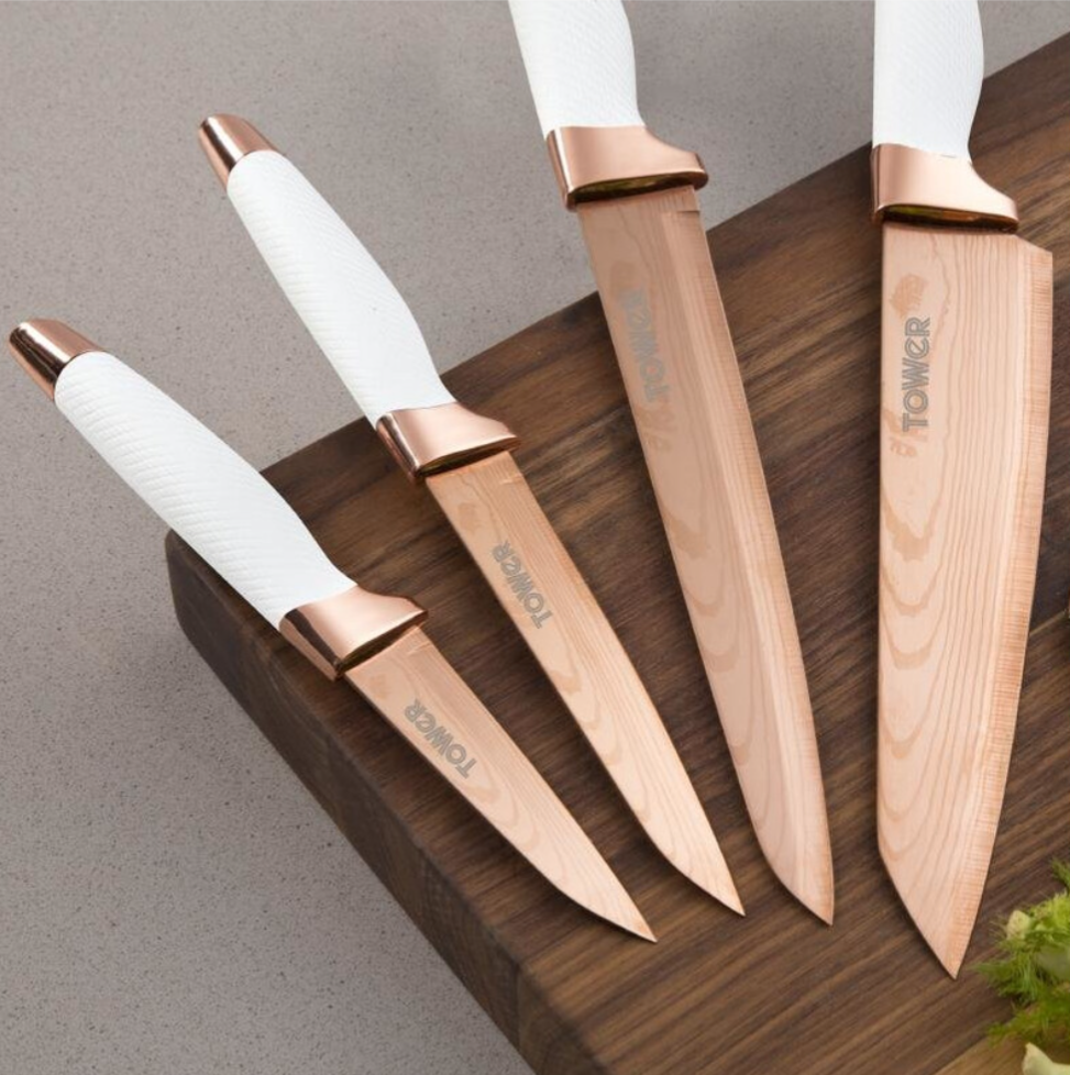 5pc Tower Kitchen Knife Set With Knife Block Rose Gold - Truly Yours