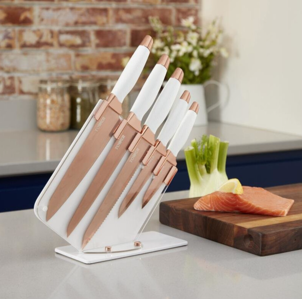 5pc Tower Kitchen Knife Set With Knife Block Rose Gold