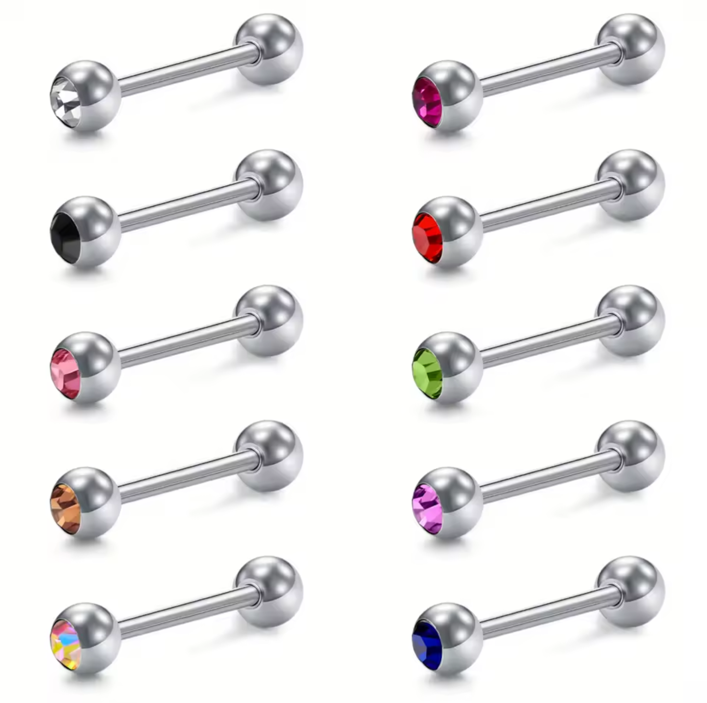 10 Pack 16mm Stainless Steel Tongue Bars with Mixed Colour Crystals