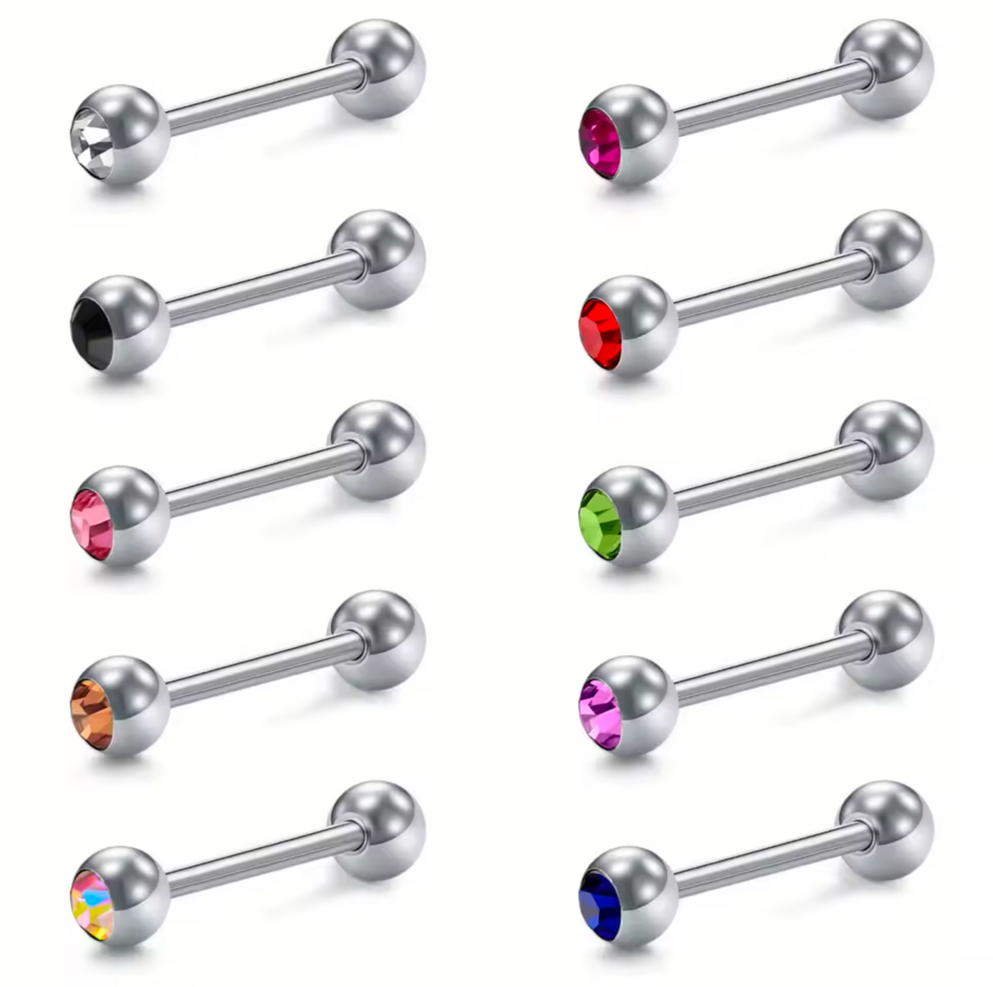 10 Pack 16mm Stainless Steel Tongue Bars with Mixed Colour Crystals - Truly Yours