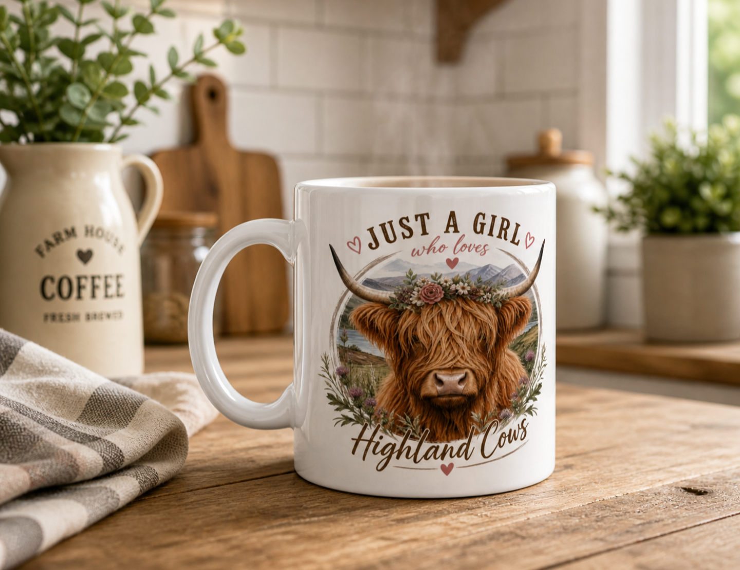 Farmhouse Highland Cow Mug – Cute Cow Lover Gift for Coffee & Tea Lovers