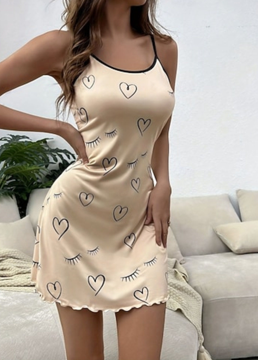 Soft Beige Cami Nightdress with Heart & Eyelash Print - Truly Yours