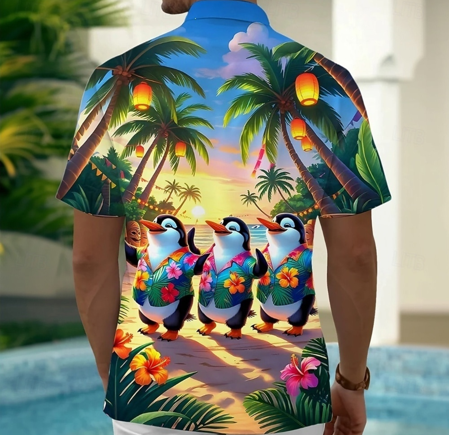 Tropical Penguin Sunset Hawaiian Shirt – Men’s Summer Holiday Beach Shirt