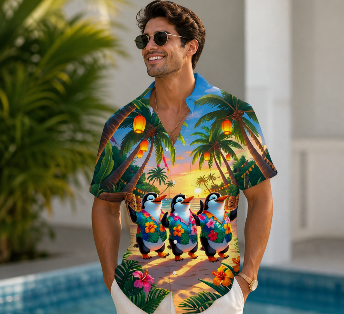 Tropical Penguin Sunset Hawaiian Shirt – Men’s Summer Holiday Beach Shirt