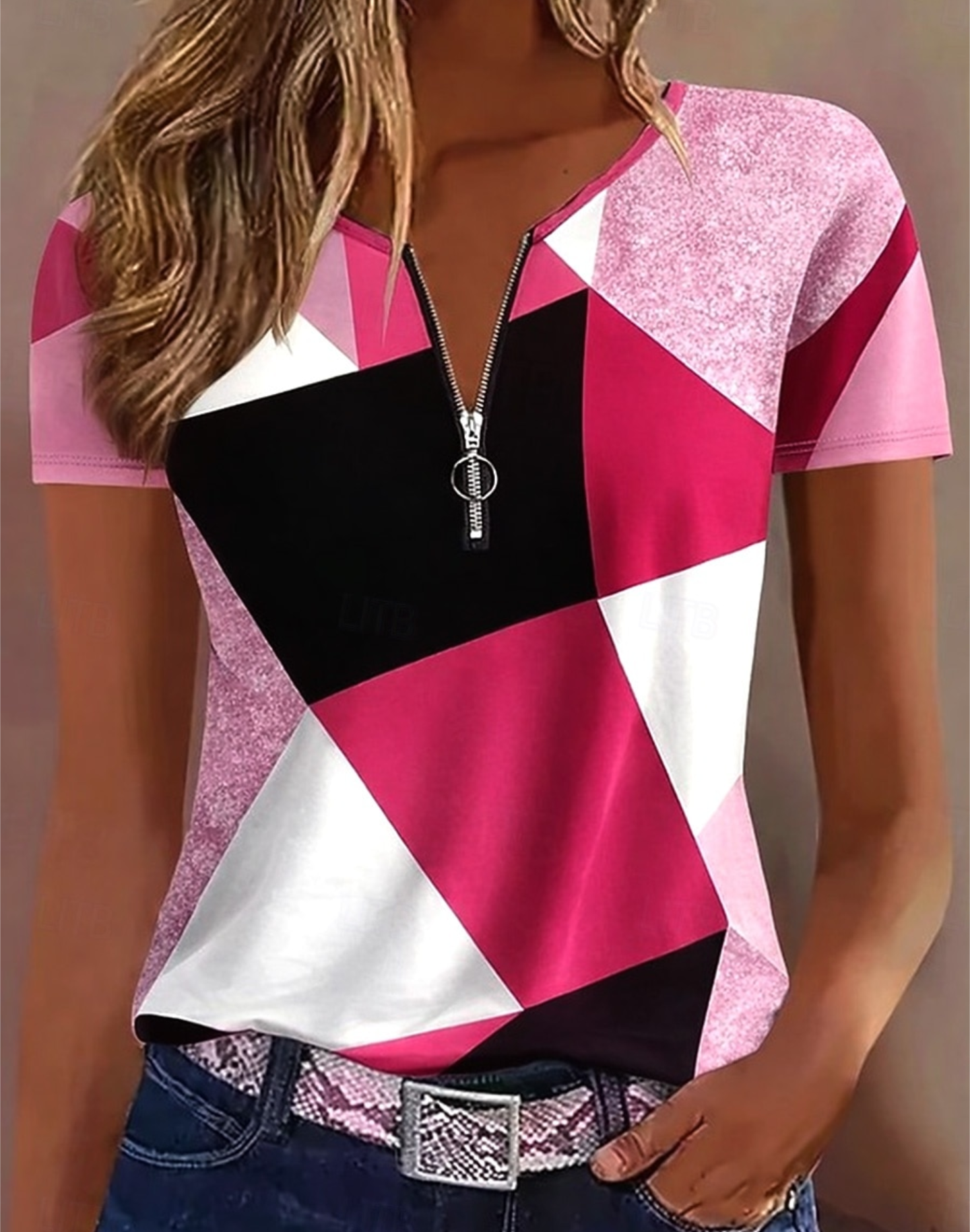 Geometric Zip Neck Colour Block Top – Pink & Black