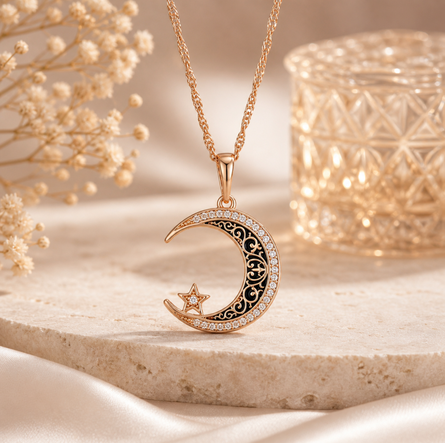 Sparkling Moon & Star Necklace – Rose Gold Finish