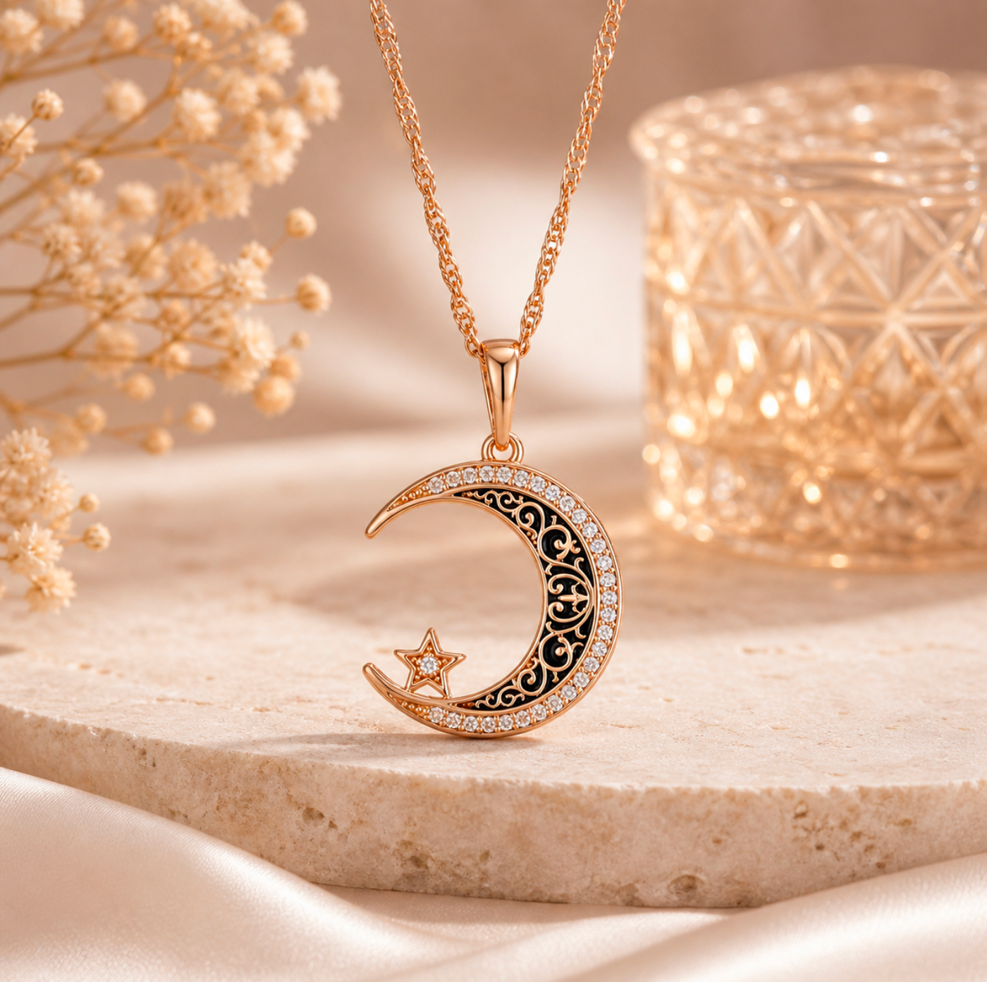 Sparkling Moon & Star Necklace – Rose Gold Finish - Truly Yours