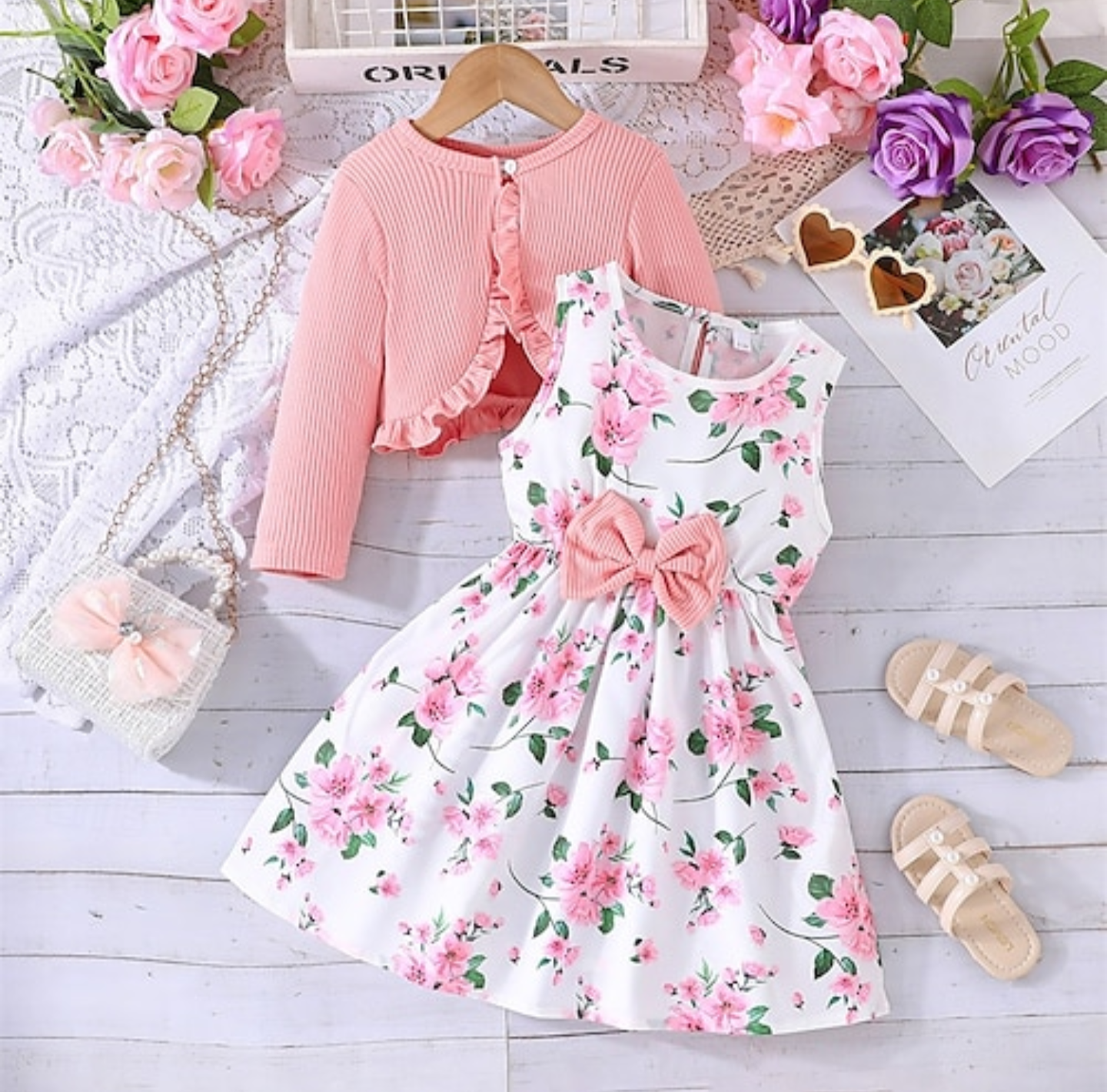 Girls Floral Bow Dress & Frill Cardigan 2 Piece Set