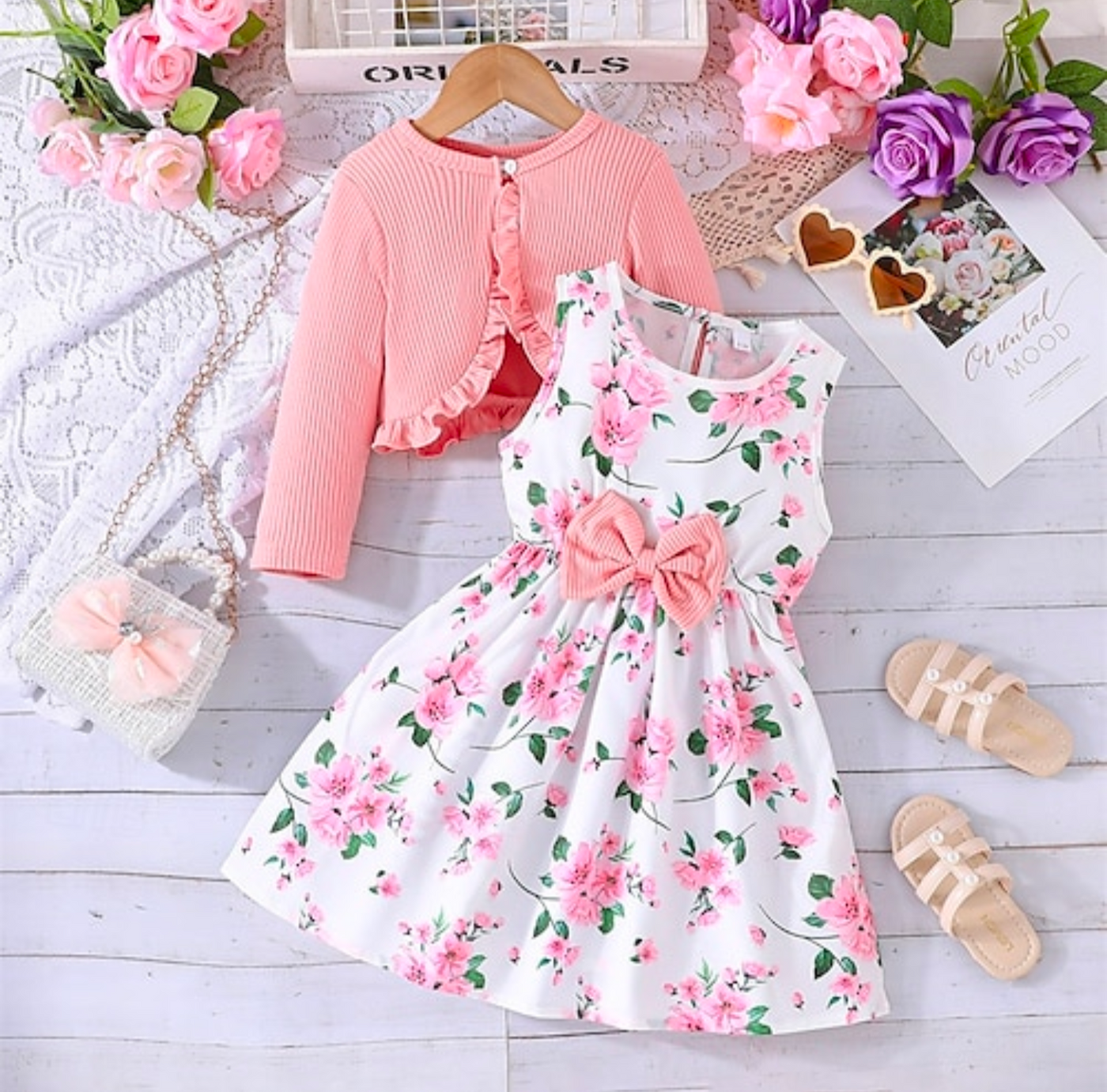 Girls Floral Bow Dress & Frill Cardigan 2 Piece Set - Truly Yours