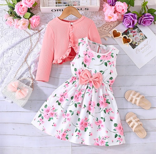 Girls Floral Bow Dress & Frill Cardigan 2 Piece Set - Truly Yours