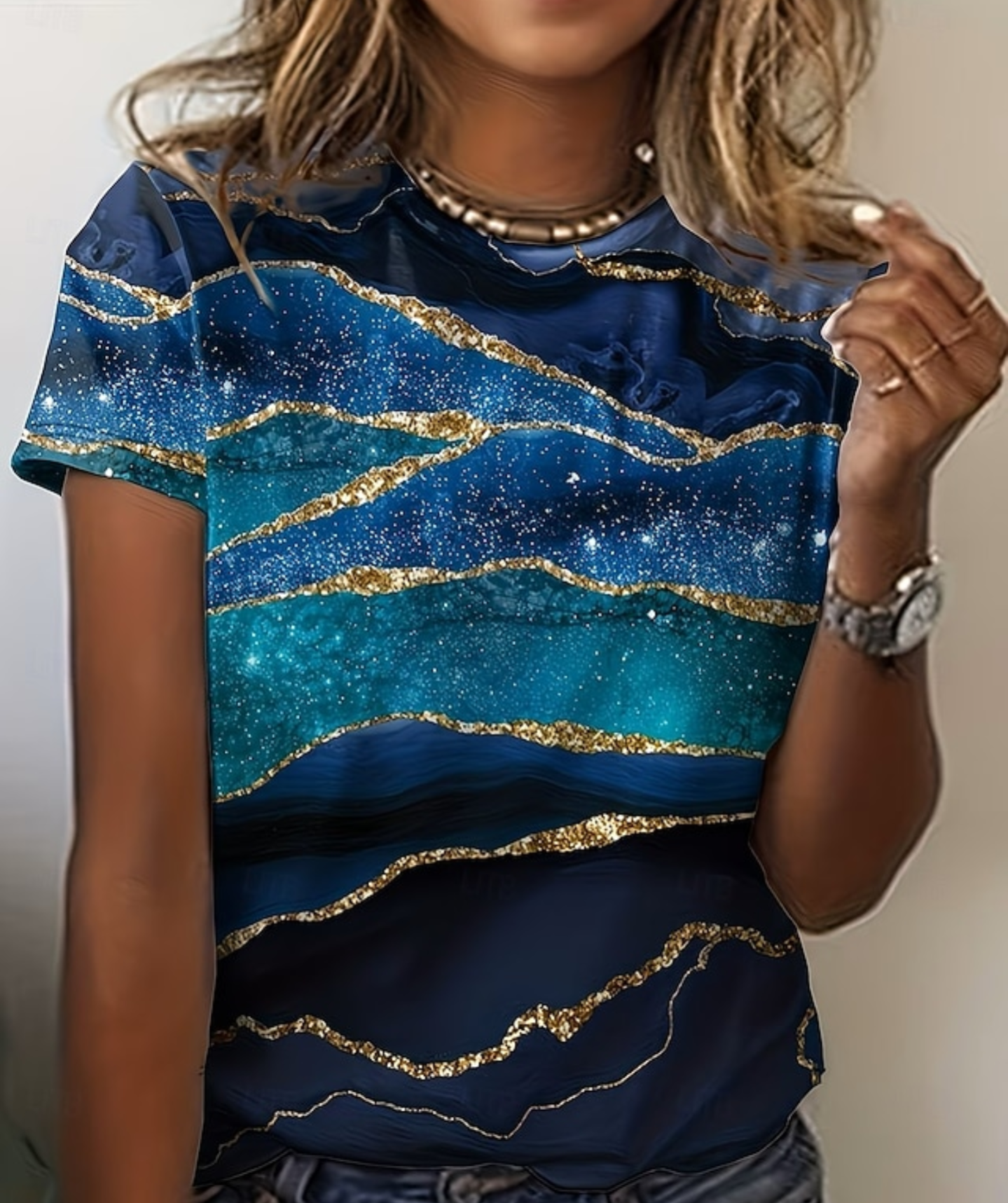 Midnight Ocean Marble Print T-Shirt – Blue & Gold Glitter Effect Top