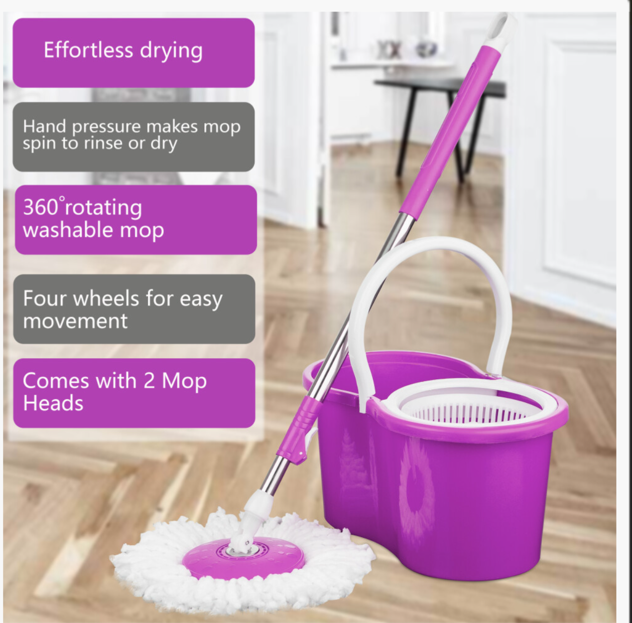 Purple 360° Spin Mop & Bucket Set – Magic Floor Cleaning System with Spin Dry Basket & 2 Microfiber Mop Heads - Truly Yours