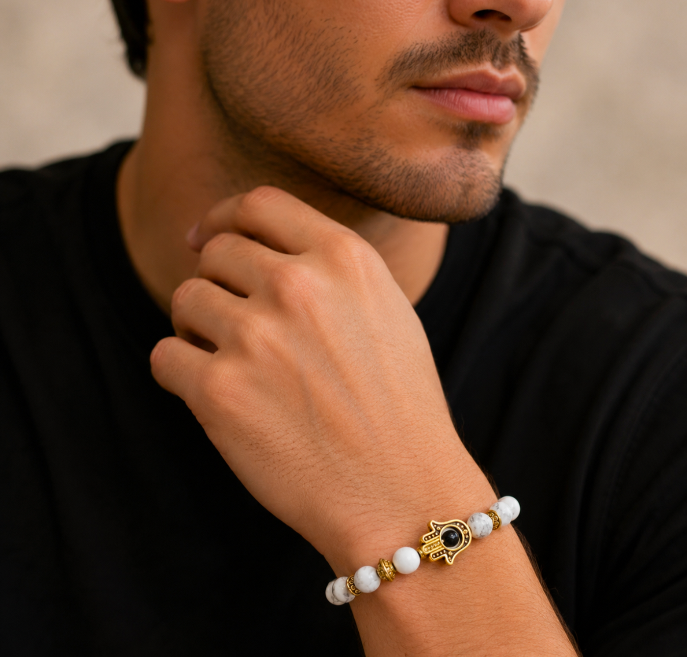 Gold Hamsa / White Stone - Gemstone Bracelet - Truly Yours
