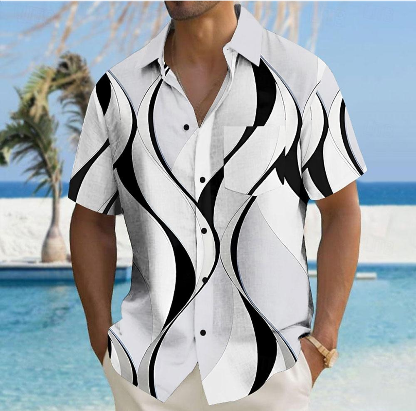 Men’s Black & White Abstract Print Short Sleeve Holiday Shirt