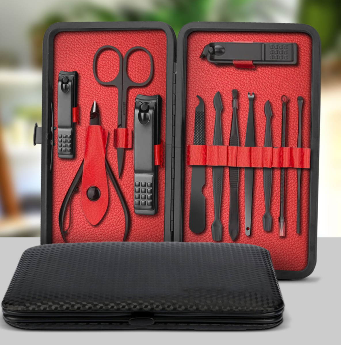 12-Piece Manicure & Pedicure Grooming Kit – Black & Red Travel Case