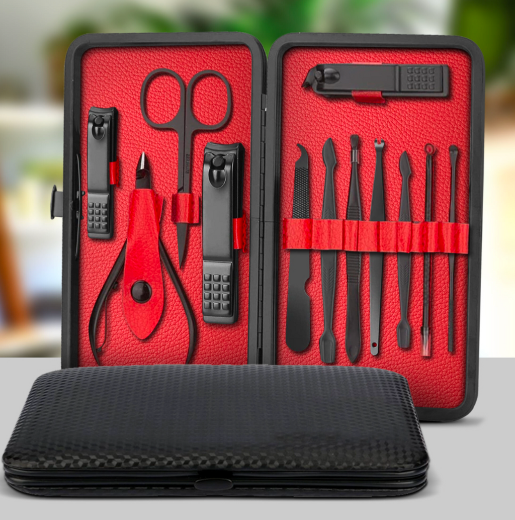12-Piece Manicure & Pedicure Grooming Kit – Black & Red Travel Case - Truly Yours