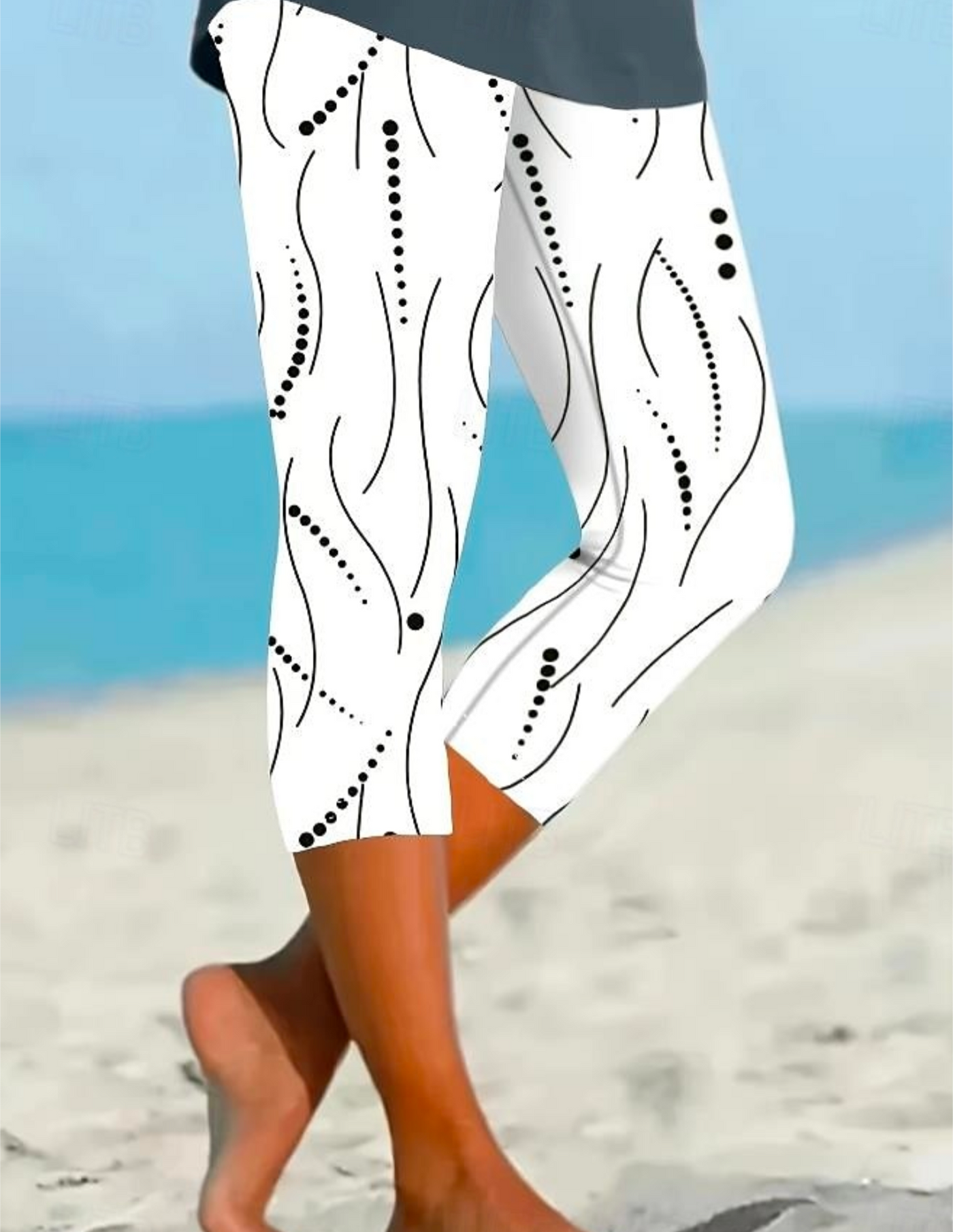 Women’s White Abstract Dot Wave Print Cropped Leggings – Casual Summer Beach Capris - Truly Yours