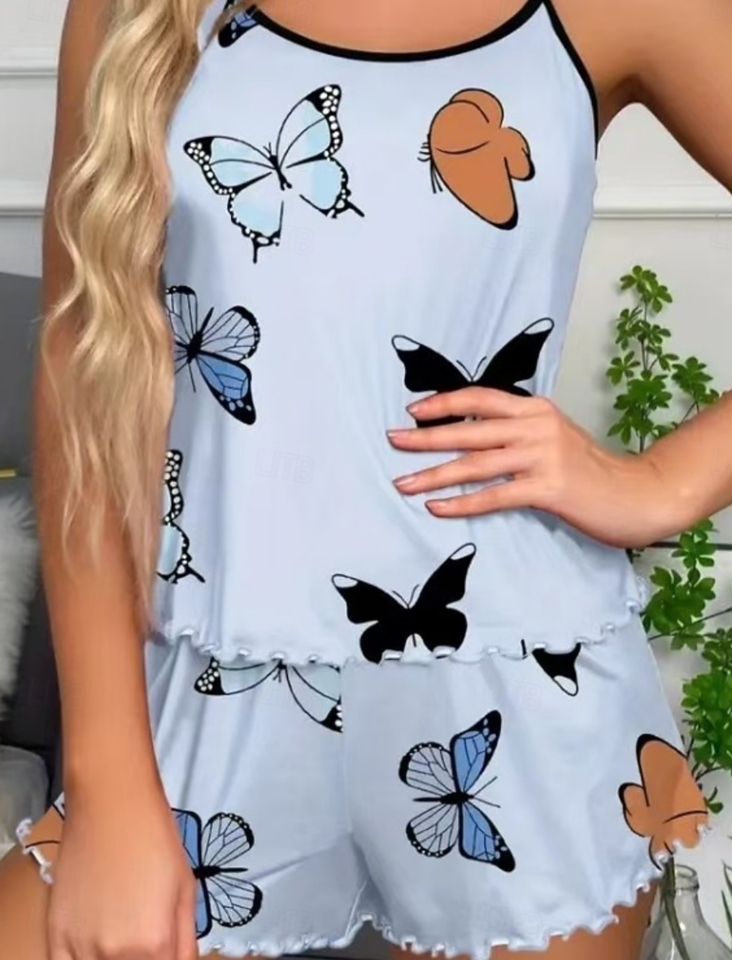 Butterfly Dreams Frill Trim Cami Pyjama Set – Soft & Stretchy Ladies Loungewear
