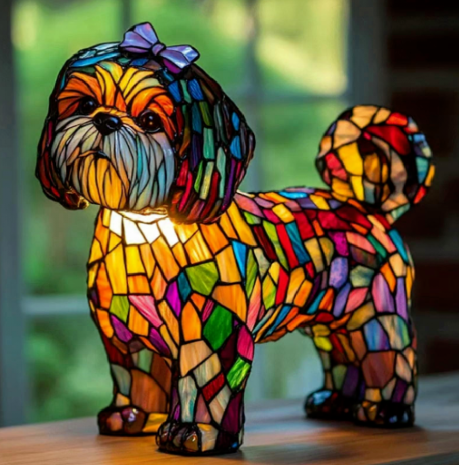 Rainbow Mosaic Shih Tzu Tiffany Style Lamp – Colourful Stained Glass Dog Ornament Light - Truly Yours