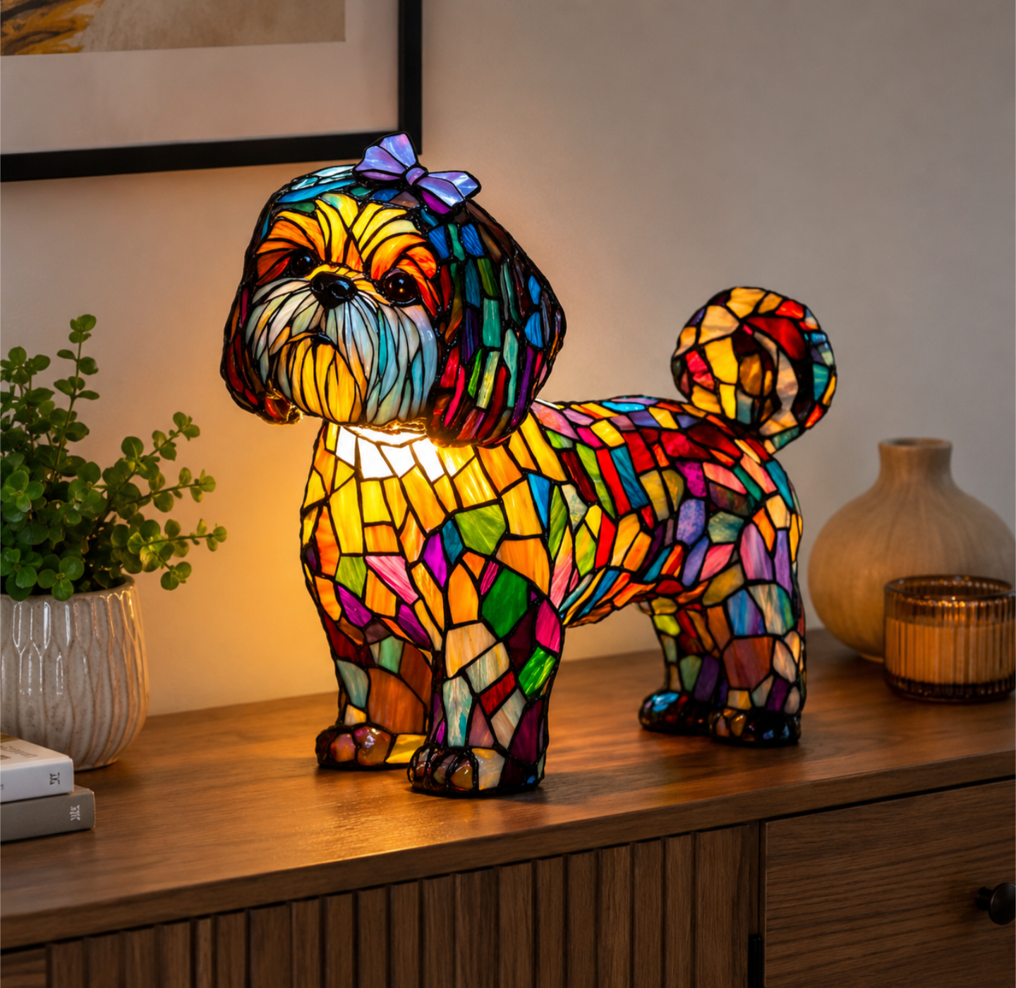 Rainbow Mosaic Shih Tzu Tiffany Style Lamp – Colourful Stained Glass Dog Ornament Light