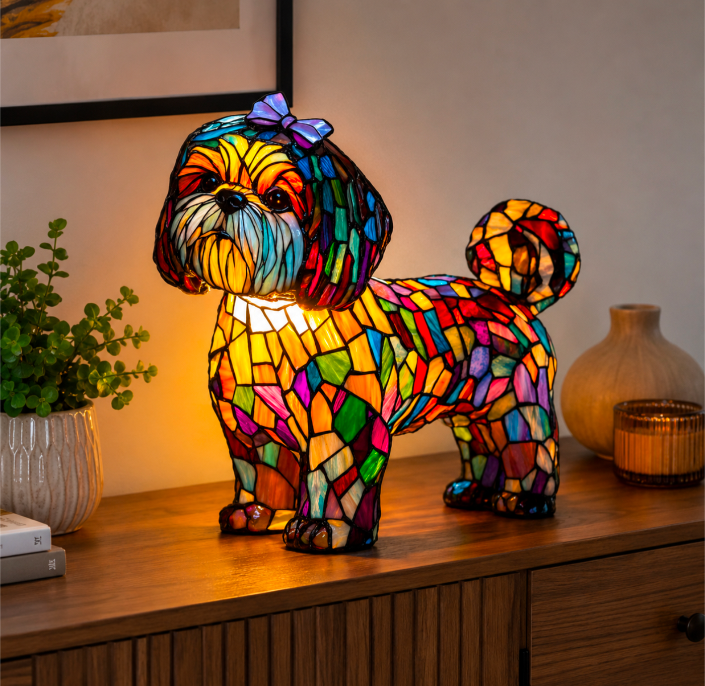 Rainbow Mosaic Shih Tzu Tiffany Style Lamp – Colourful Stained Glass Dog Ornament Light - Truly Yours