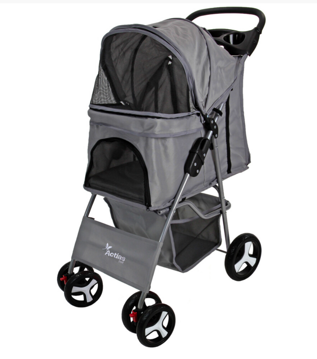 Luxury Foldable Pet Stroller – Lightweight Dog & Cat Pushchair with Storage Basket & Mesh Windows Grey Edition - Truly Yours