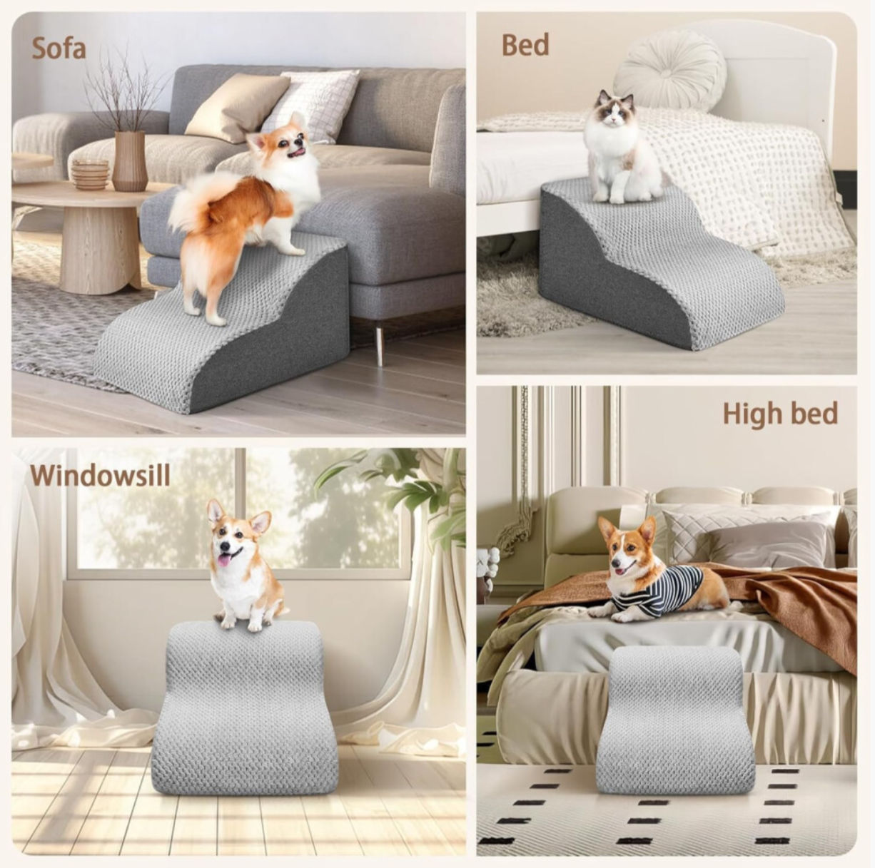Luxury Soft Foam Pet Stairs – Washable Non-Slip Dog & Cat Steps for Sofa & Bed Grey 3-Step Ramp - Truly Yours