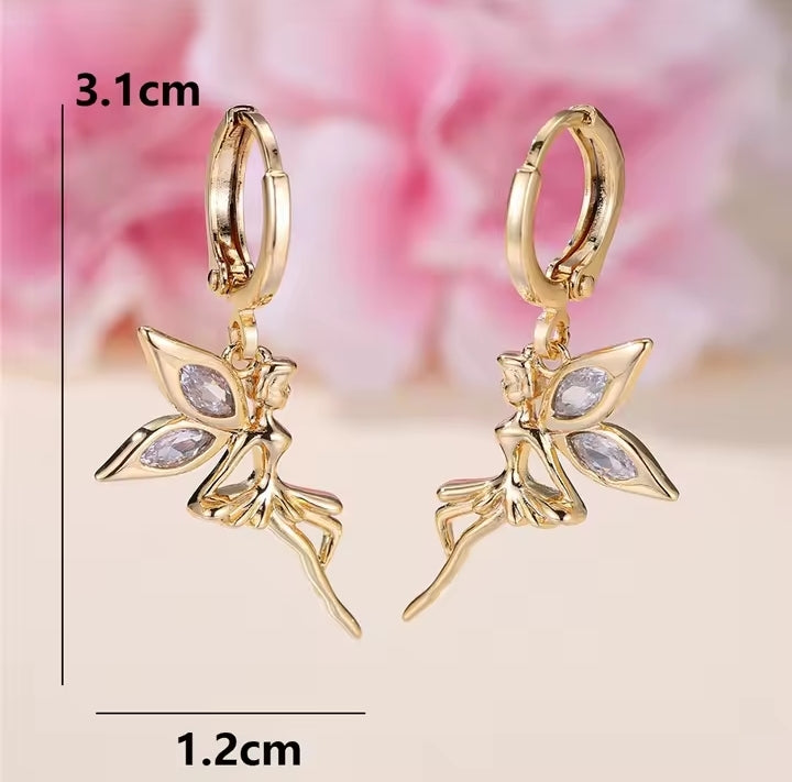 Enchanted Fairy Gold Hoop Earrings – Crystal Wing Drop Earrings