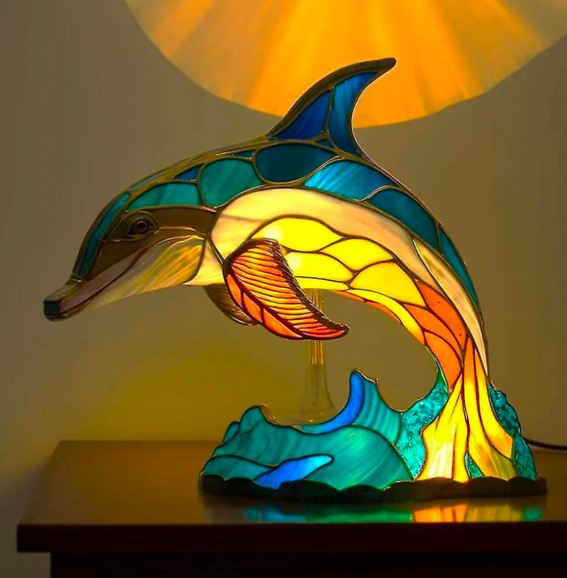 Ocean Glow Dolphin Tiffany Style Lamp – Colourful Stained Glass Effect Table Light