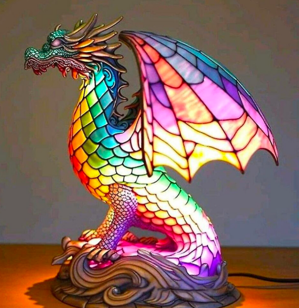 Rainbow Mosaic Dragon Tiffany Style Lamp – Colourful Stained Glass Effect Fantasy Table Light - Truly Yours
